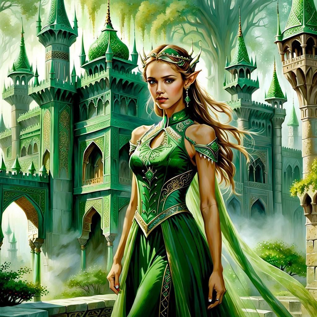 Elven Princess in Misty Palace: Oil Painting