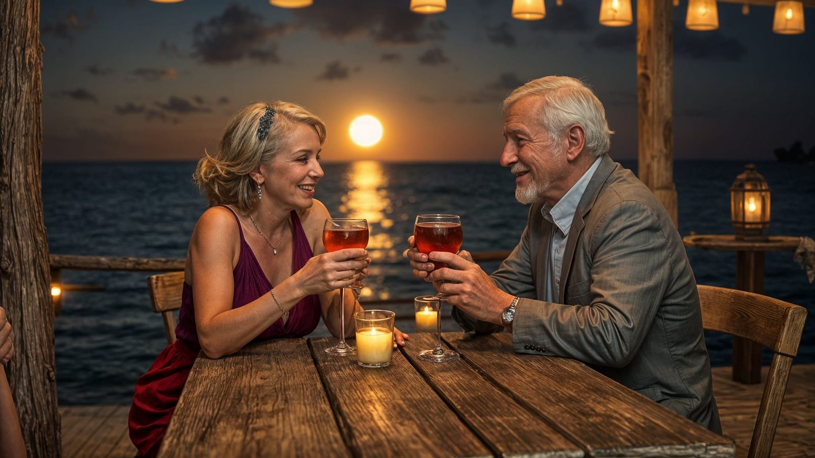 Romantic Seaside Moment: Old Couple Enjoying Cocktails