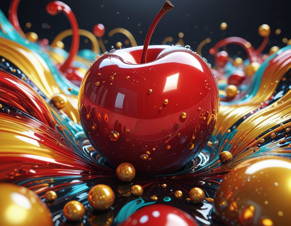 Vibrant Cartoon Cherry in Mid-Air, with Whimsical Sparkle