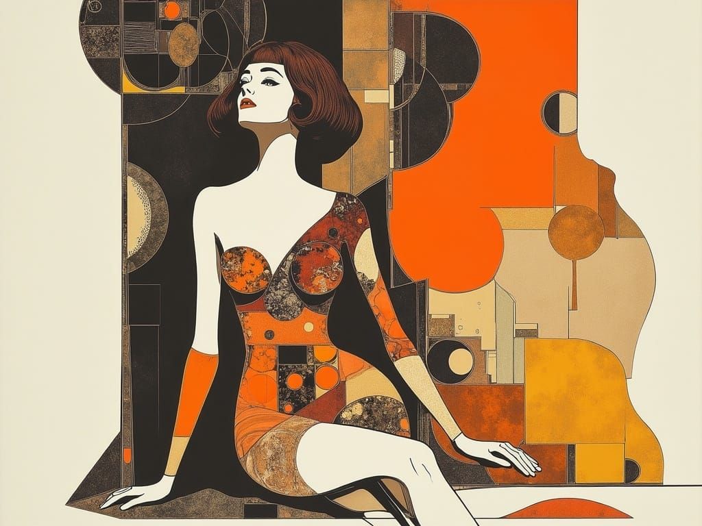 Sensual Woman in Abstract Geometric Studio, Digital Art