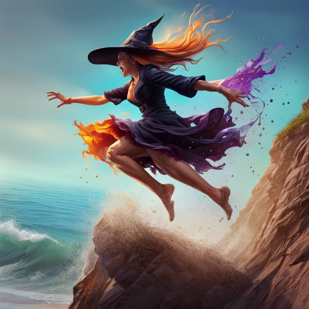 Witch's Cliffside Leap: Hyperrealistic Splash Art