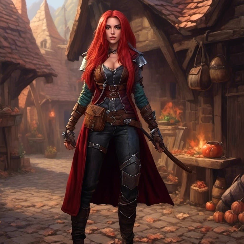 Female, Orc, mage, long red open hair, wand, leather vest, s...
