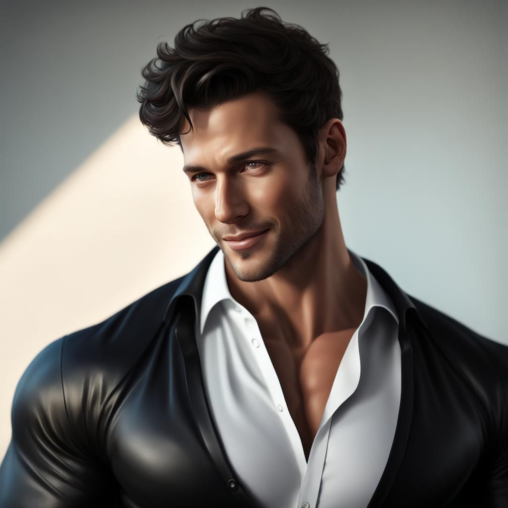 Handsome, muscular man. He has dark short wavy hair. He is c...