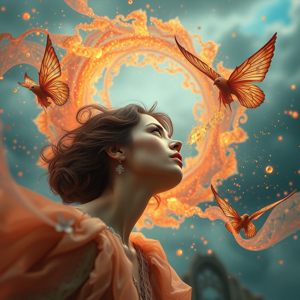 Elegant Woman Breathes Air: Warped Perspective, Rich Colors