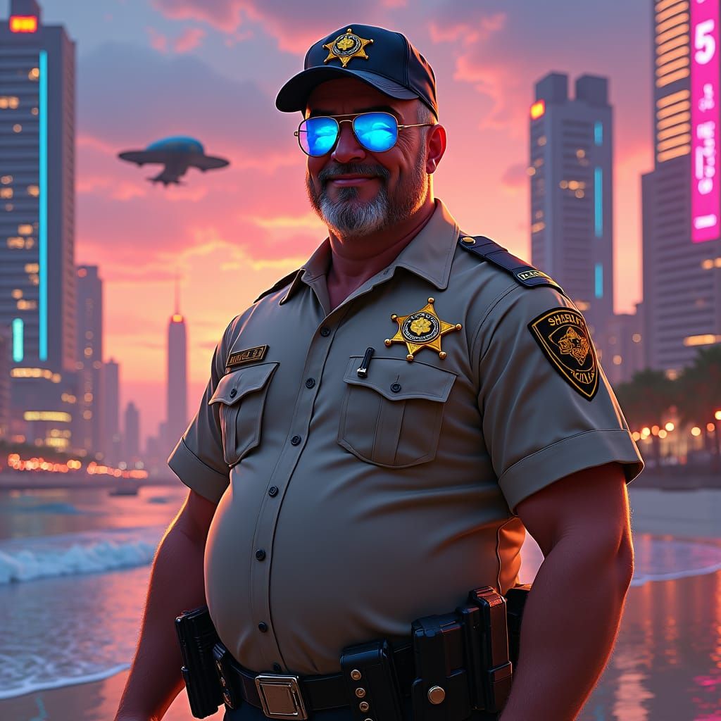 Futuristic Sheriff Patrolling Neon Cityscape