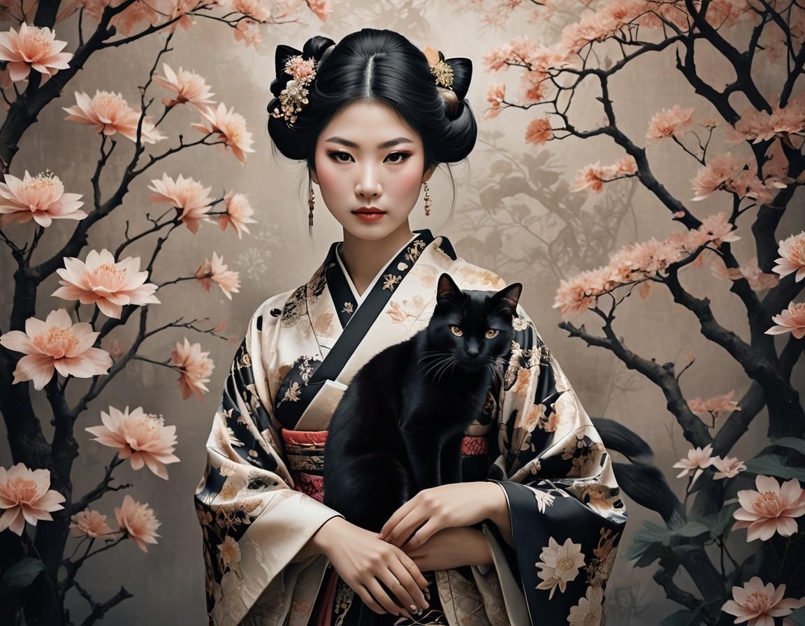 Japanese woman dressed in an ornate kimono, holding a sleek ...