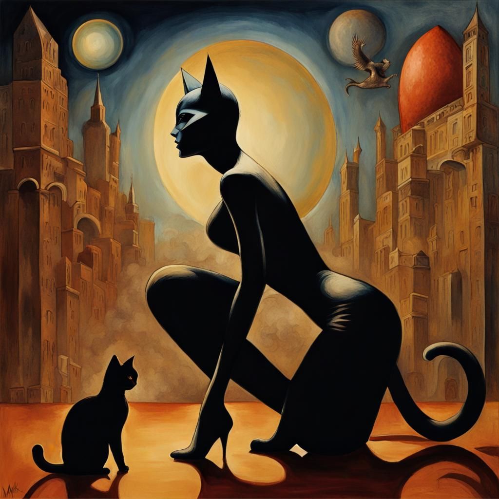 Dreamlike Cat Woman in Surreal Magical Realism