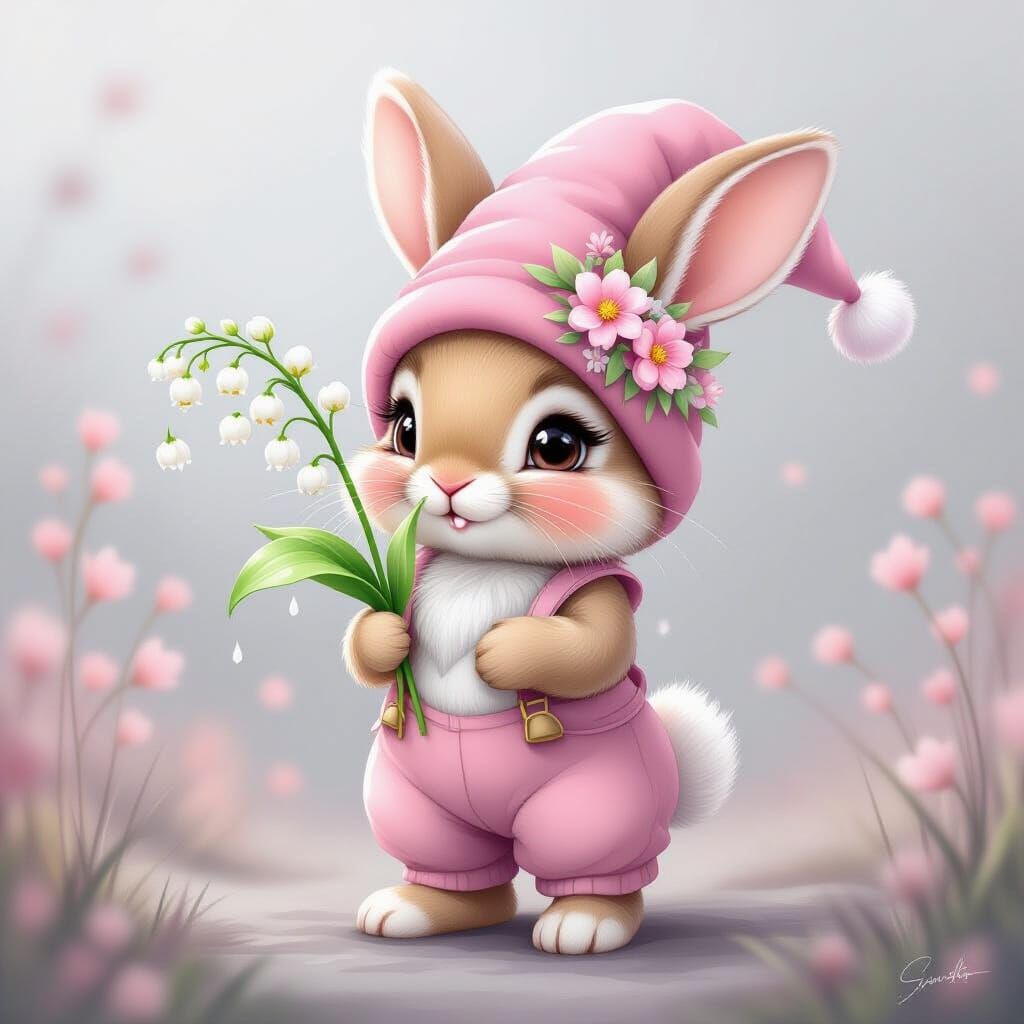 Cartoon Bunny with Lily in Watercolor Style