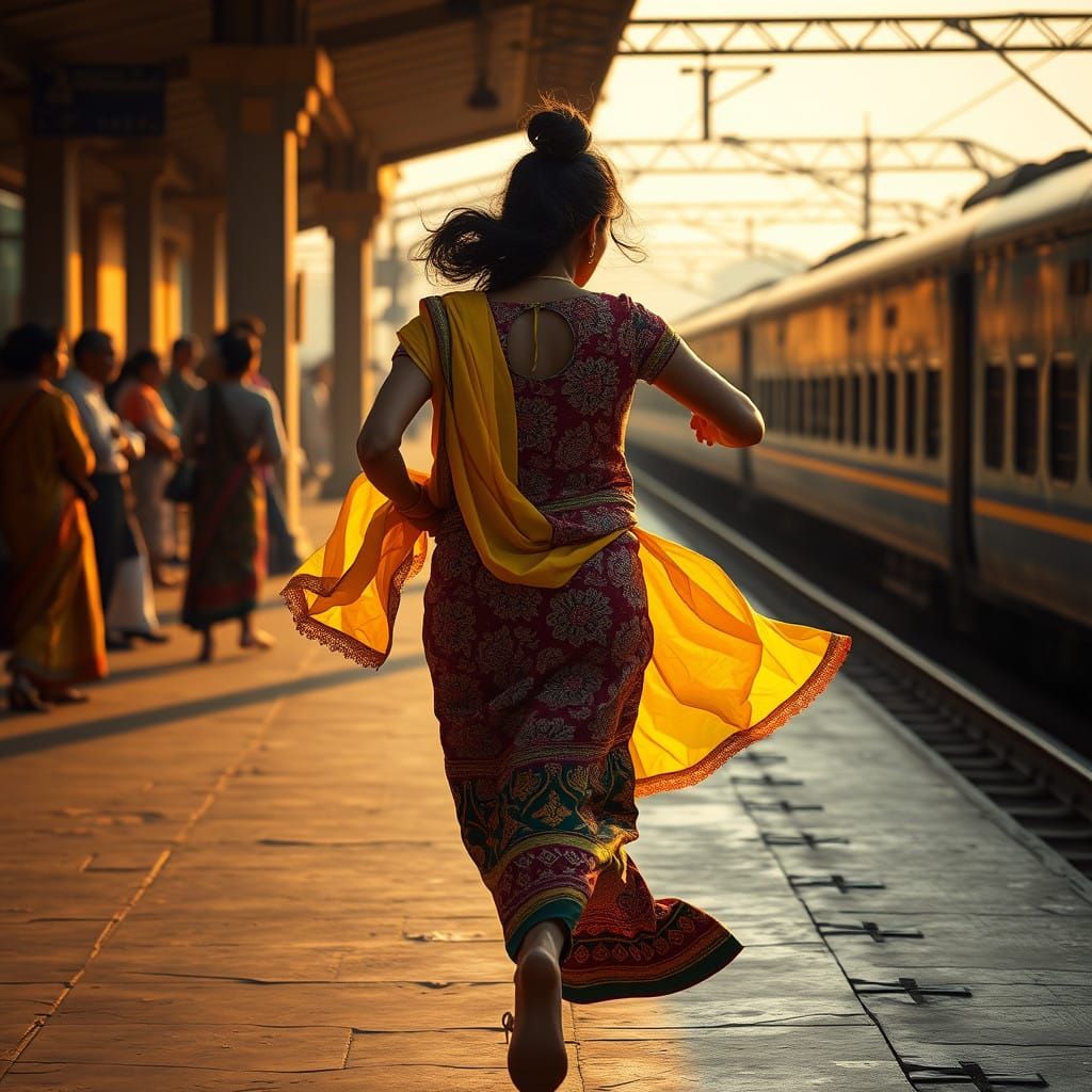 Vibrant Office Woman Sprints Towards Train at Indian Railway...