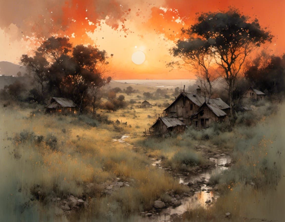 Run down homes and sunset