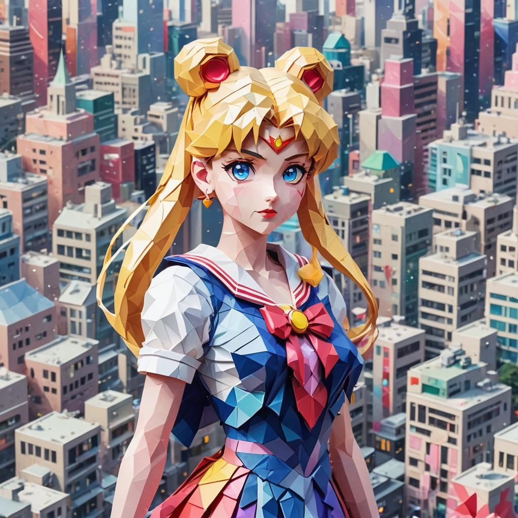 Sailor Moon in Pixel Art Tokyo Cityscape
