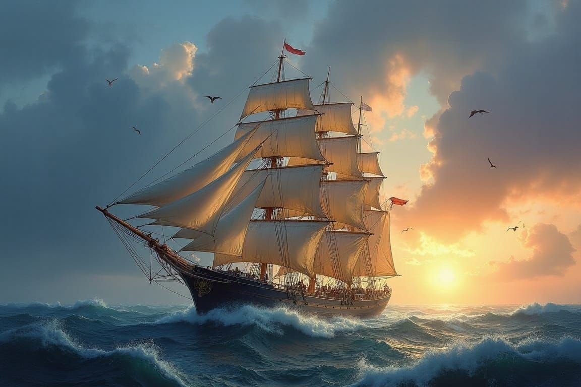 Four-Masted Clipper at Full Tilt in Heavy Seas