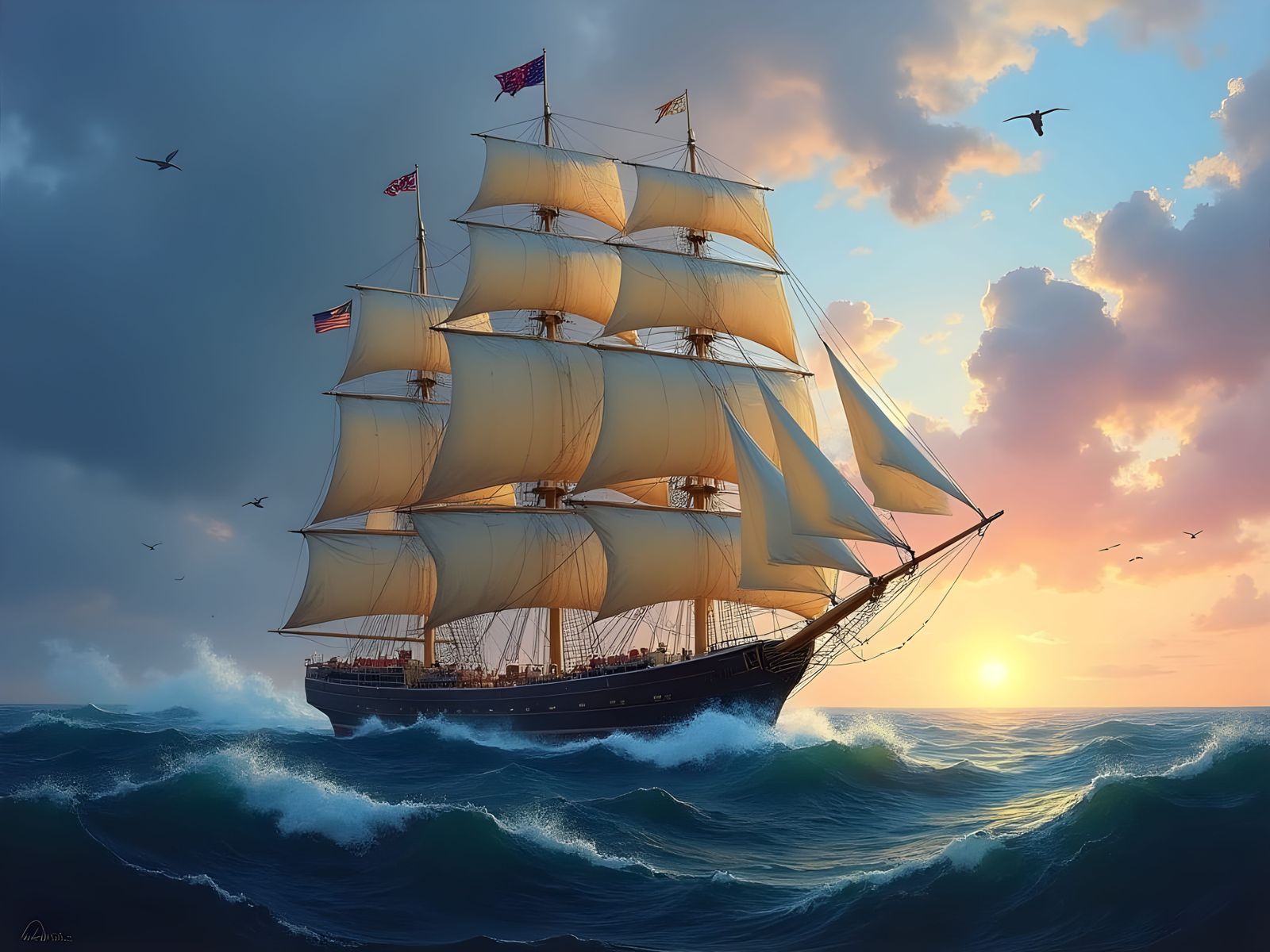 Four-Masted Clipper Ship at Sunset
