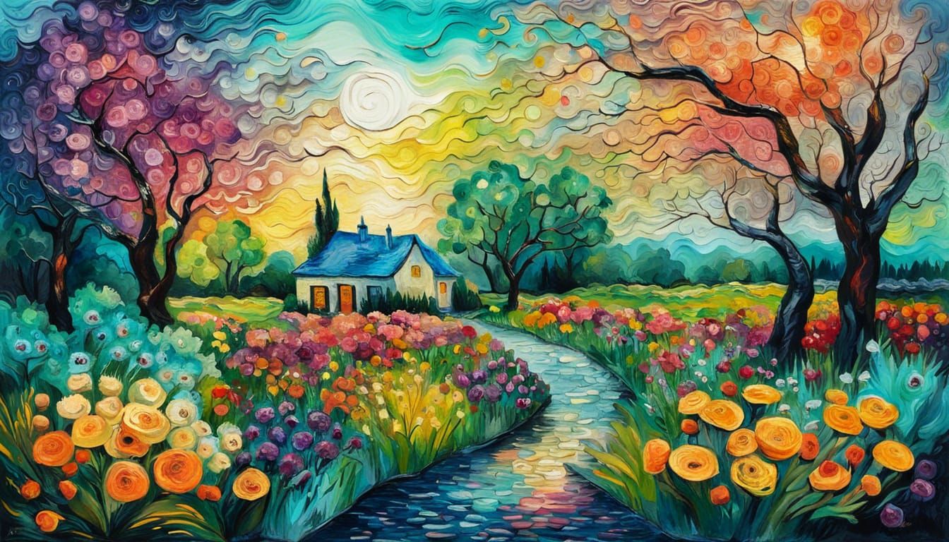 Surreal Dutch Garden Landscape in Impasto Oil Style