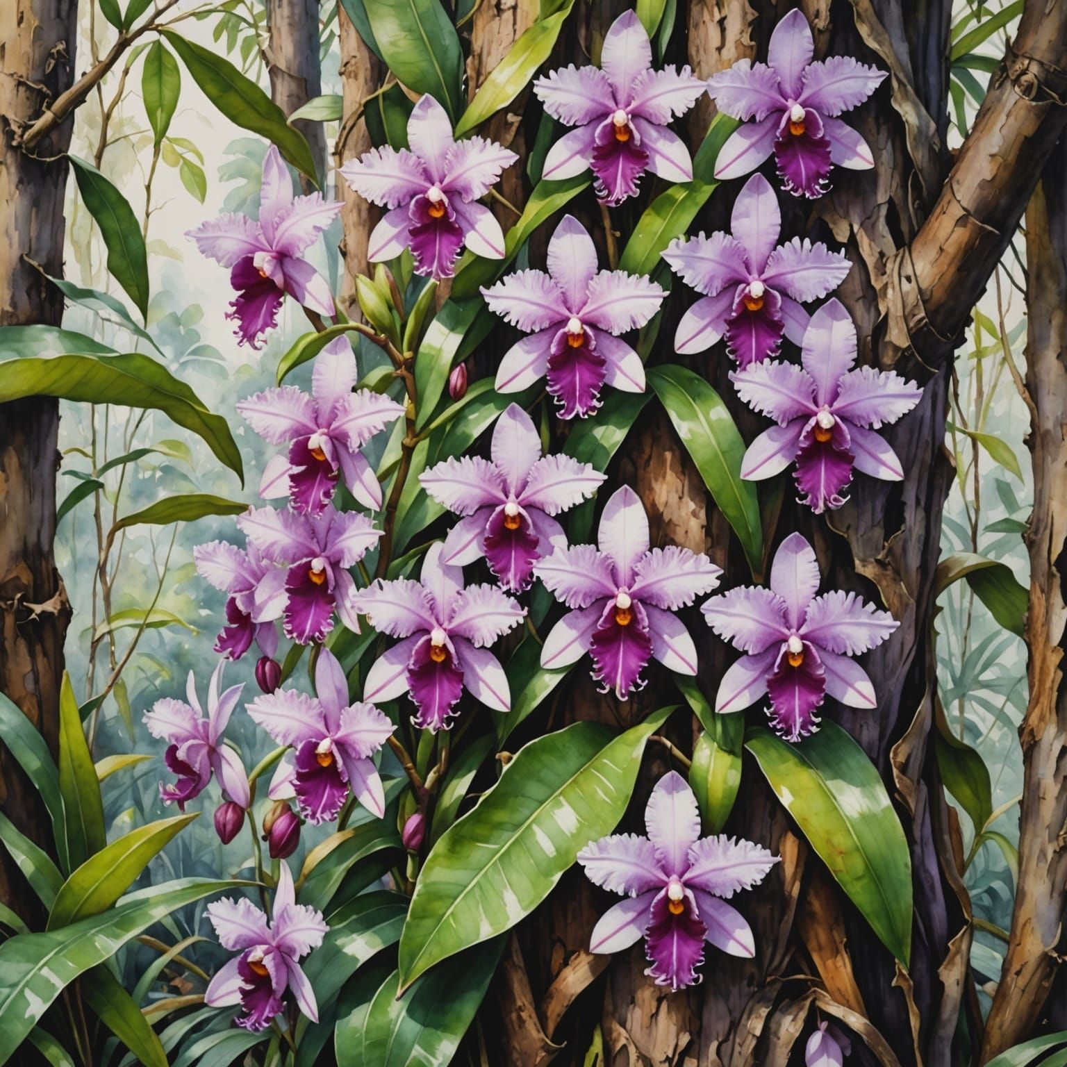 Watercolor Painting of Cattleya Orchids in Rainforest