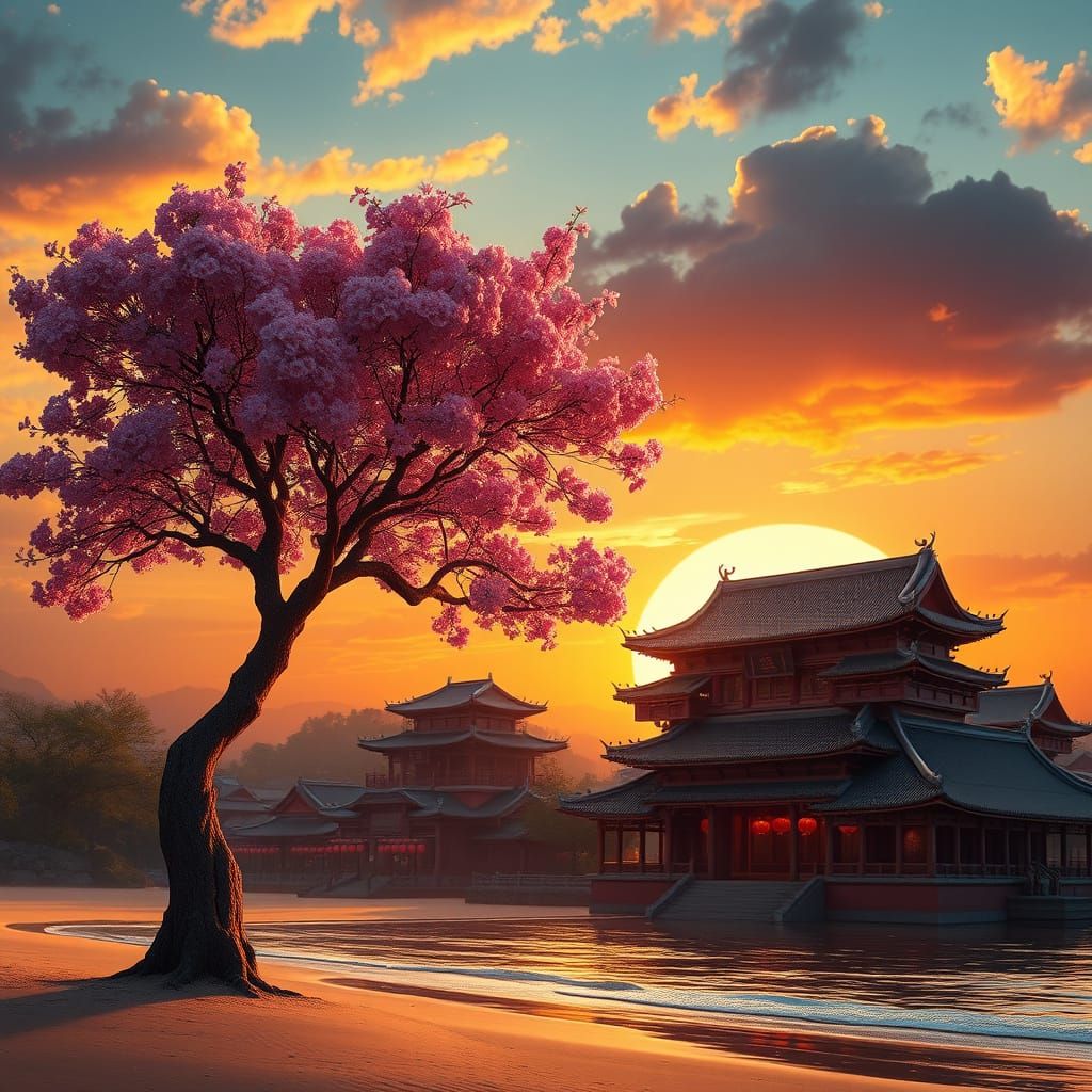 Fantastical Beach Scene with Cherry Tree and Majestic Temple