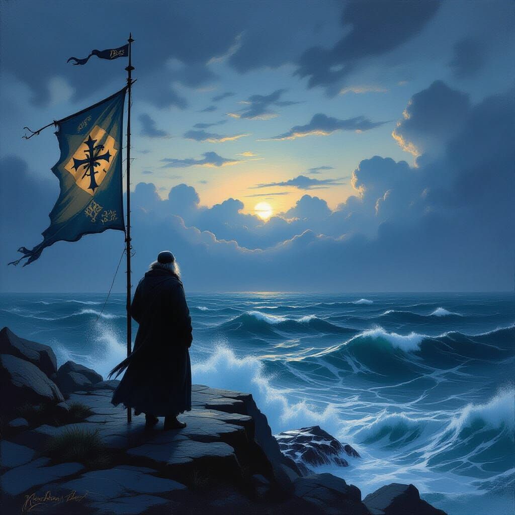 Lighthouse Keeper Gazing at Turbulent Sea in Twilight