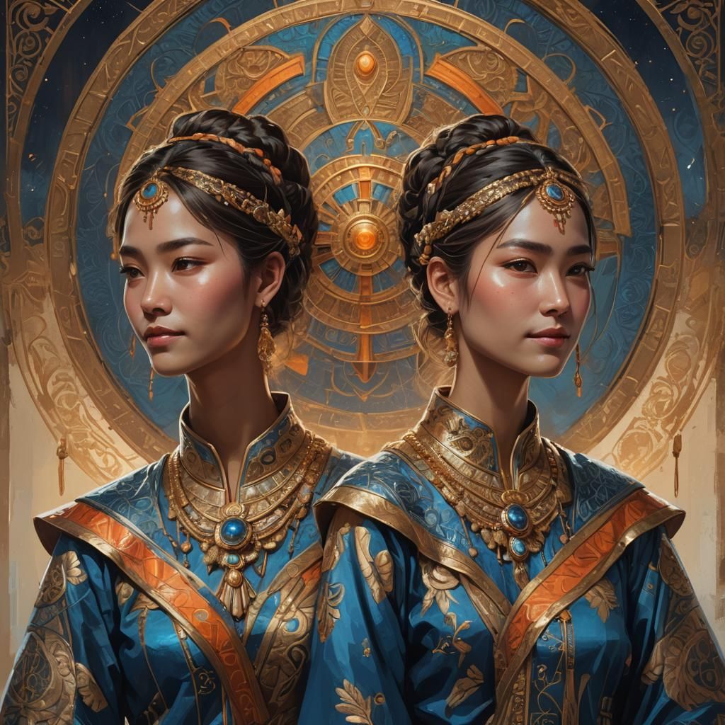 Identical Twins Portrait in Symbolic Attire
