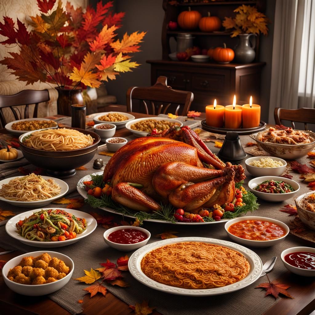 Thanksgiving Feast: Hyperrealistic Autumn Table with Turkey