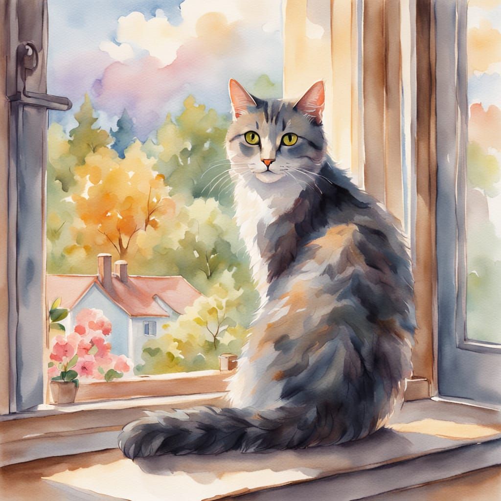 Whimsical Cat Window Scene in Watercolor