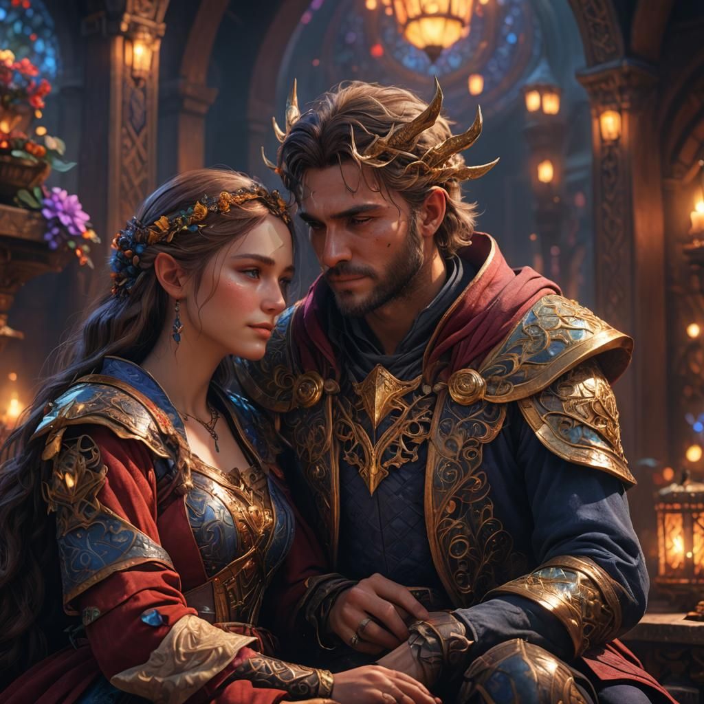 Fantasy Couple Embracing in Vibrant Detail
