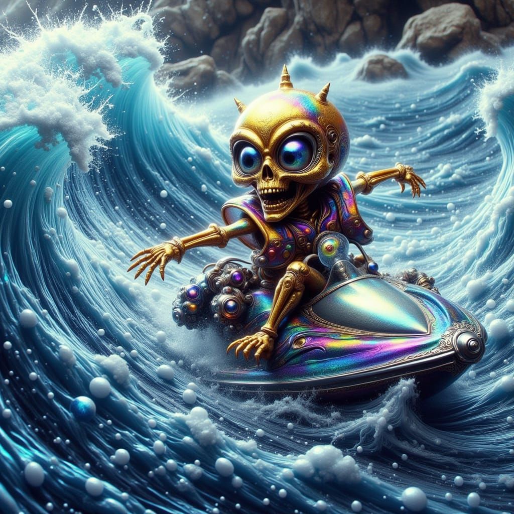 Gilded Skeleton Rides Wave in Whimsical Fantasy World