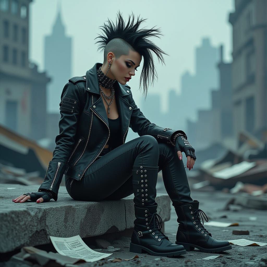 Cyborg Woman in Post-Apocalyptic Cityscape