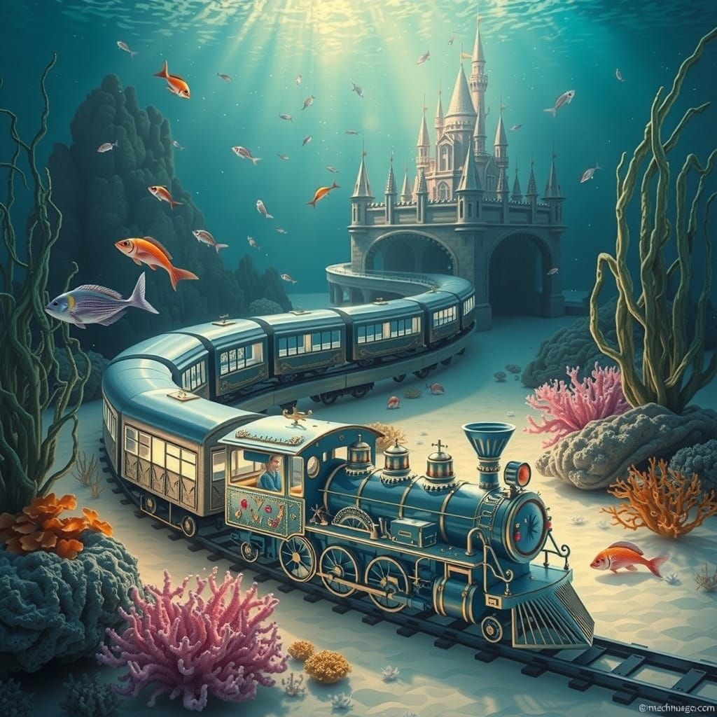 Underwater Train Glides through Vibrant Coral Reef in Whimsi...