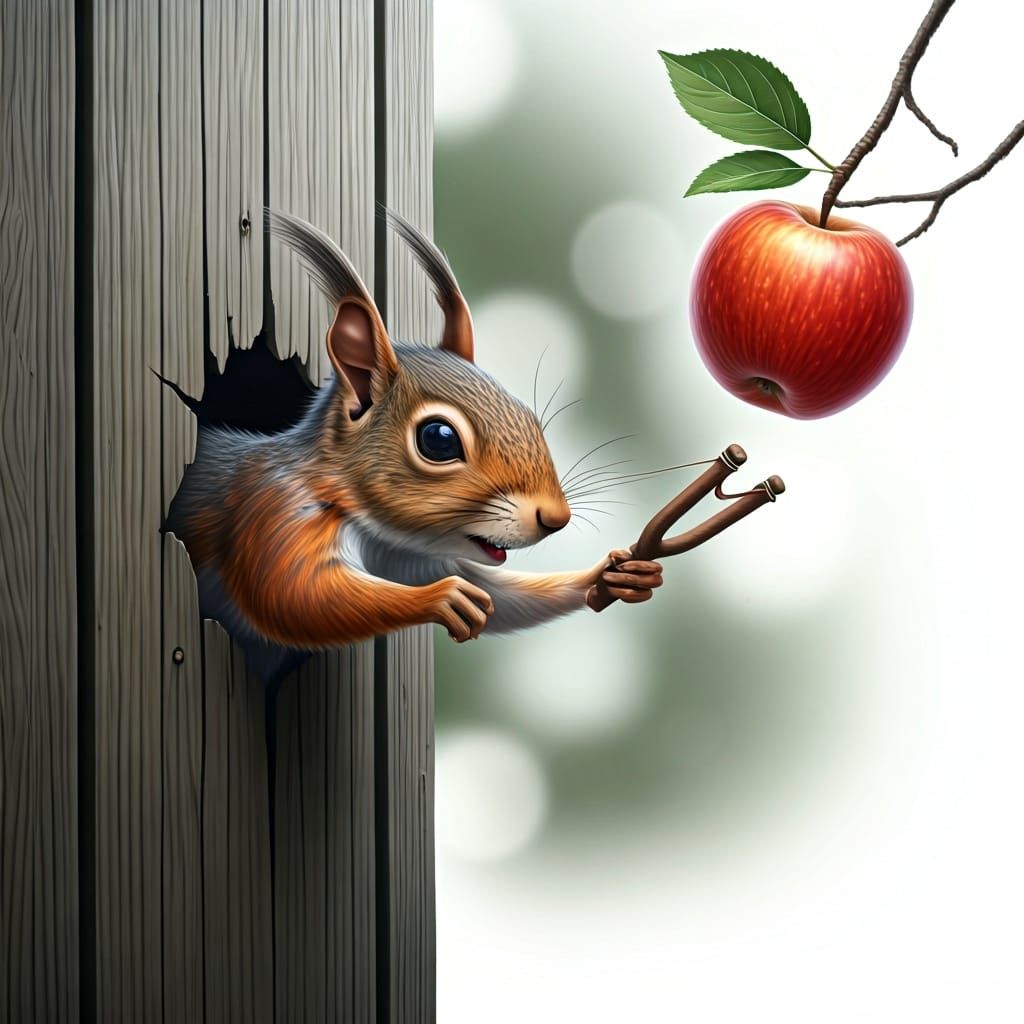 Mischievous Squirrel with Slingshot, Airbrush Illustration