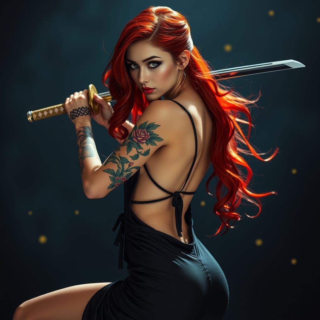 Sensual Yakuza Warrior Goddess in Dramatic Darkness