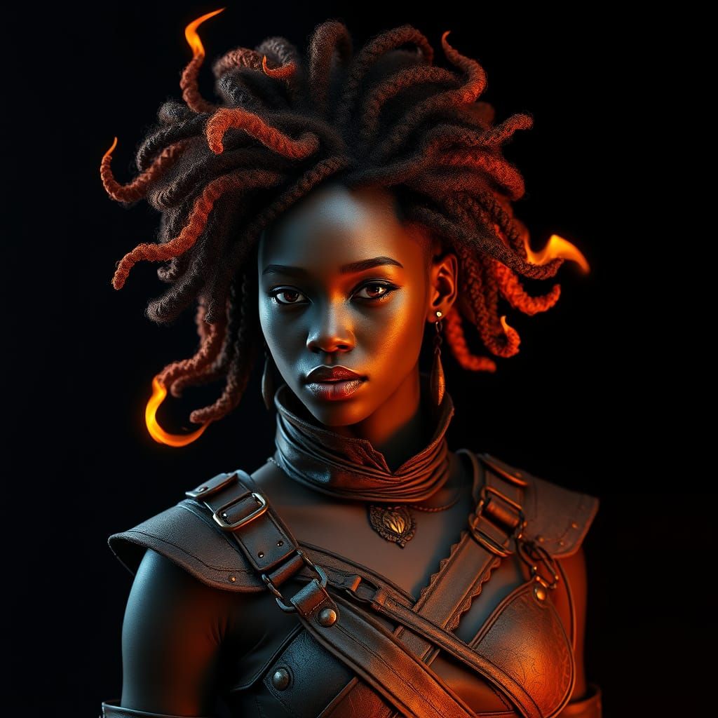 Mystical Dark Skinned Fire Genasi in Ember Hued Armor