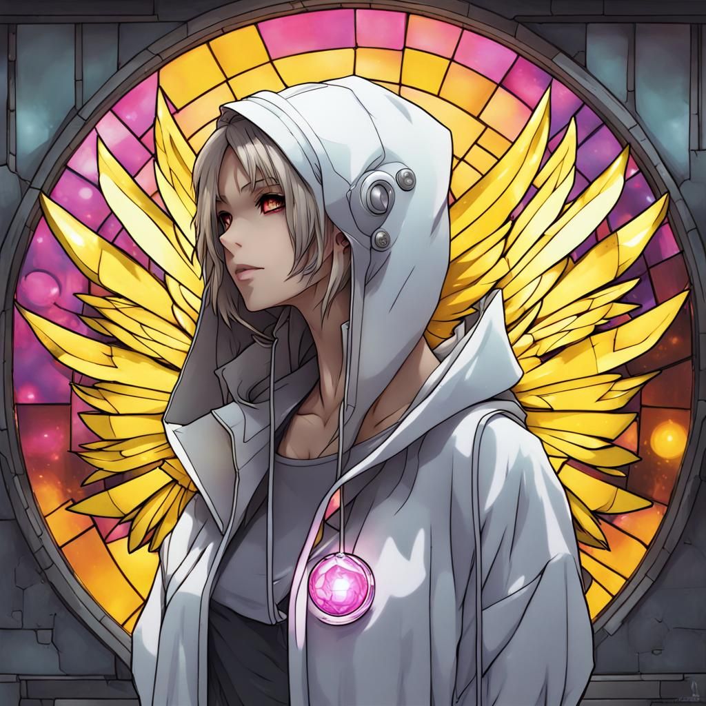 Cyberpunk Stained Glass Owl Girl in Anime Style