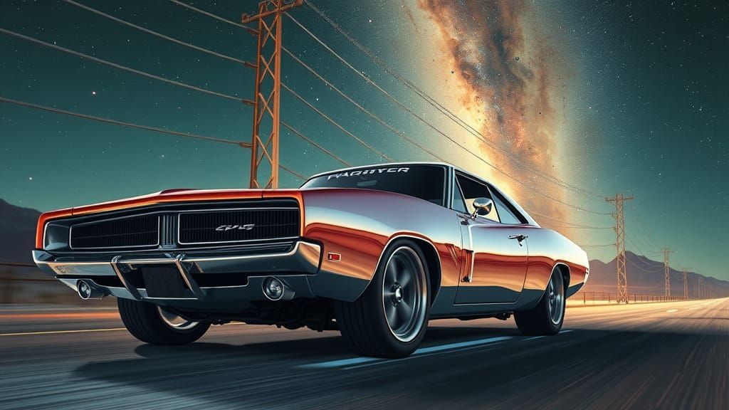 Cyberpunk Dodge Charger Reflecting Cosmic Nebula in Pop Art