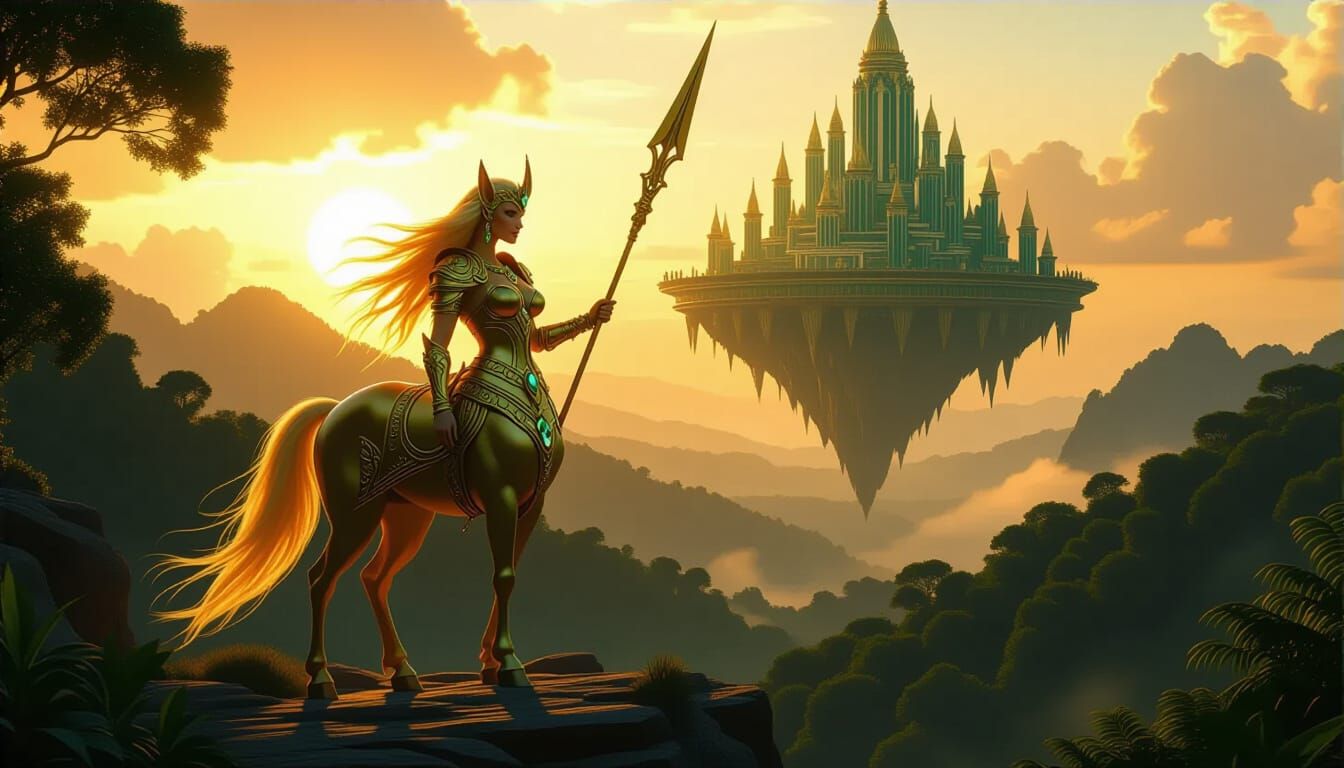 Golden Female Centaur with Floating City at Sunset