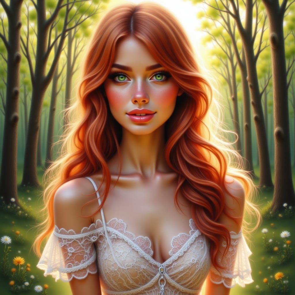 Beautiful Woman in Sun-Dappled Forest, Romantic Realism Styl...