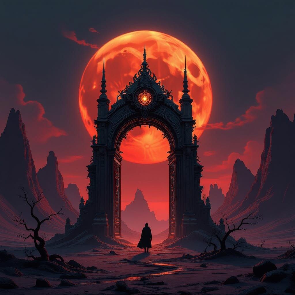 Ancient Gateway Beckons in Dark, Futuristic Landscape