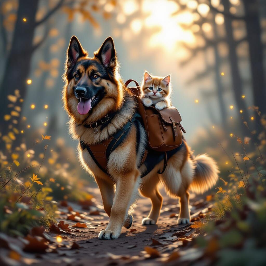 German Shepherd and Kitten in Misty Forest at Sunrise