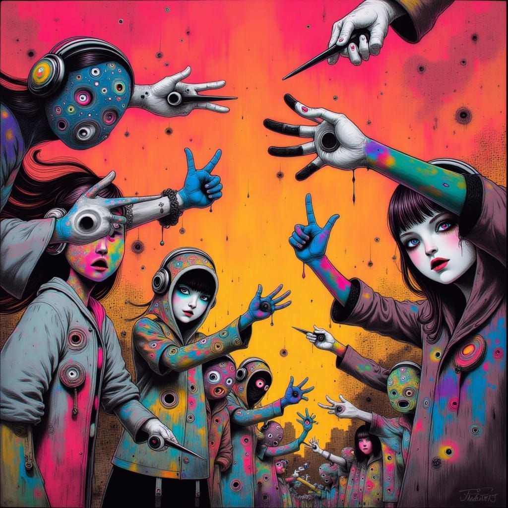 Energetic Rock Paper Scissors Hands, Digital Art