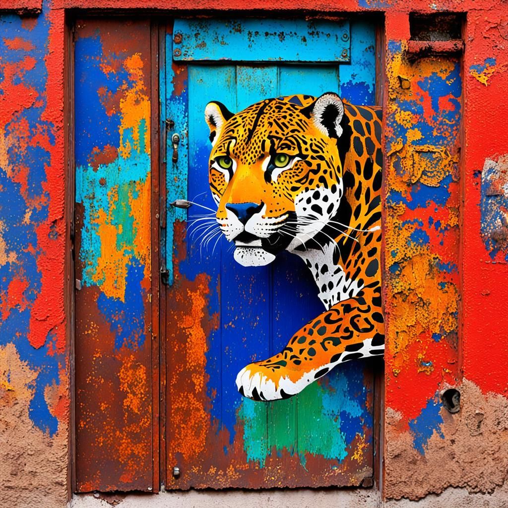 Aztec Jaguar Painting on Rusted Door