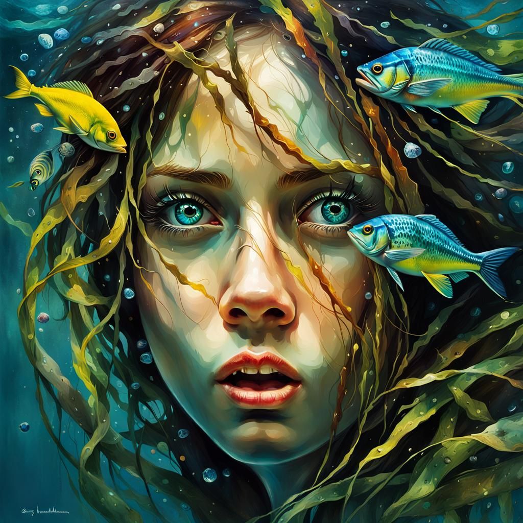 Distressed Face Underwater with Kelp: Hyper-Detailed Art