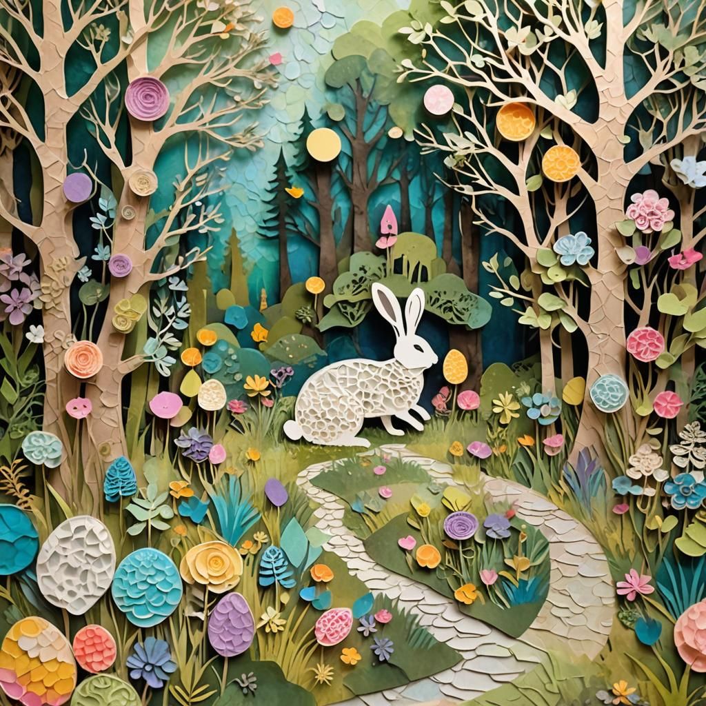 Fantasy Forest Path Collage with Easter Bunny