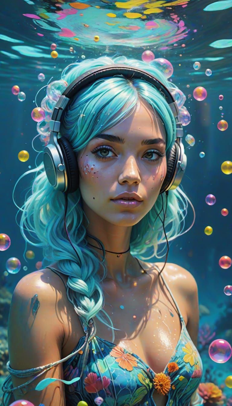 Boho Woman Submerged in Neon Underwater Dreamscape