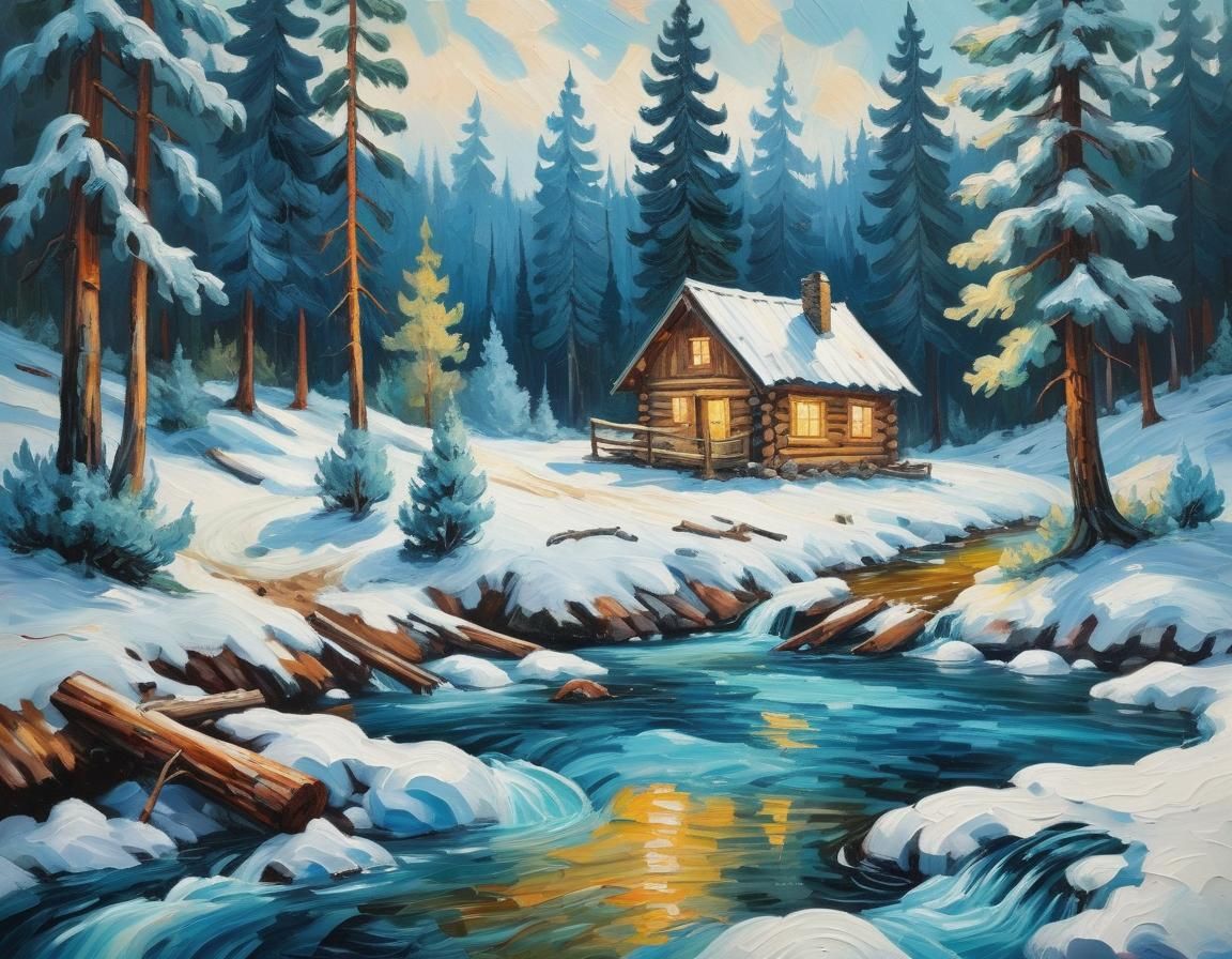 Winter Cabin in Neo-Impressionistic Expressionist Style