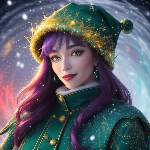 Winter Nightscape Goddess in Emerald Green and Scarlet