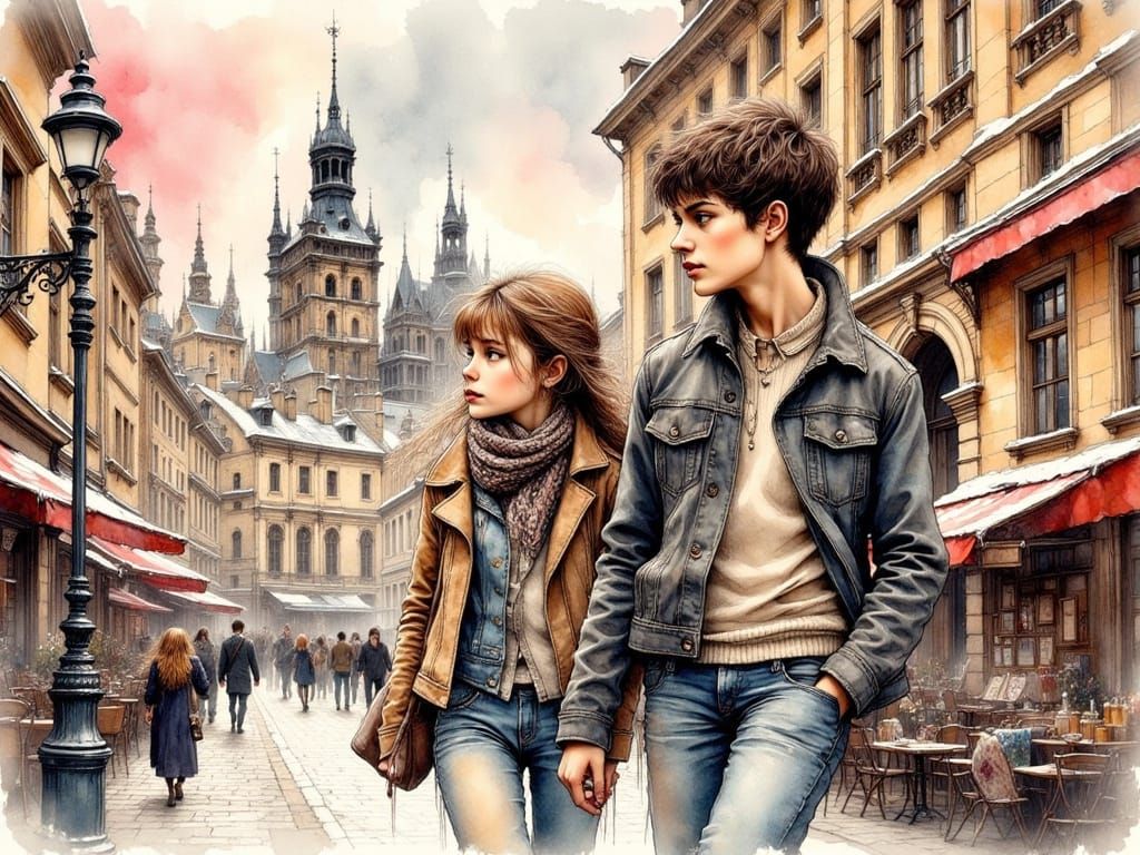 Prague Twins in Ornate Gothic Architecture, Ink Drawing