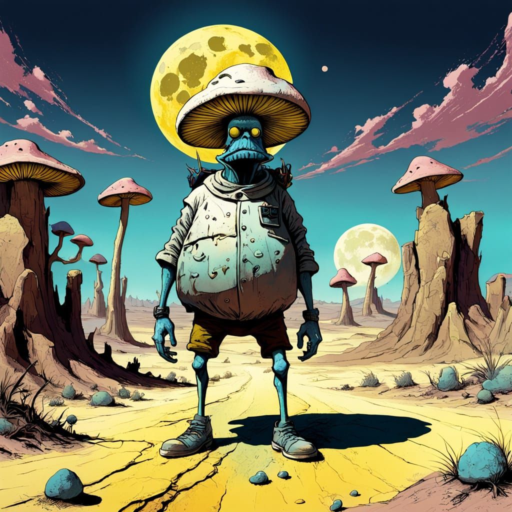 Comically Arrogant Mushroom Rides Bright Yellow Moon Across ...