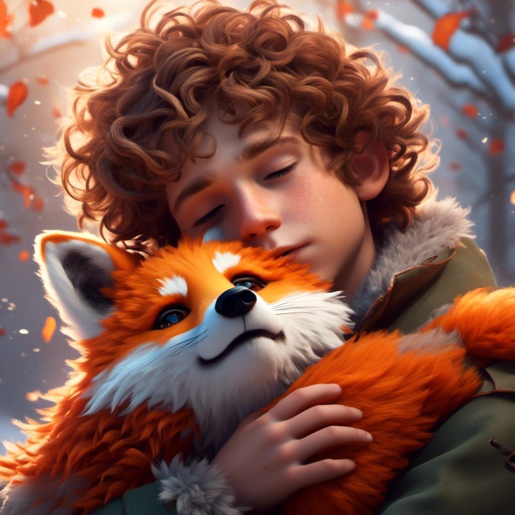 Boy Cuddling Fox Toy, Hyperdetailed Artgerm Style