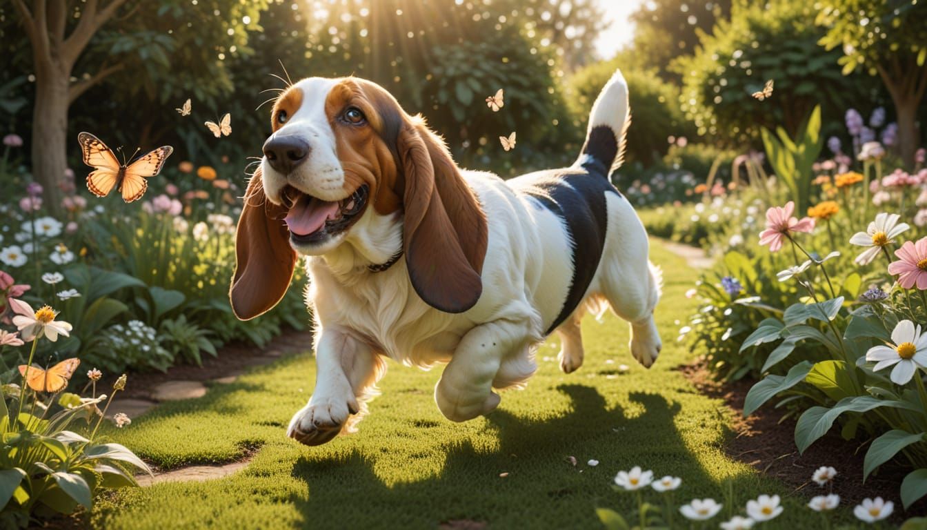 Playful Basset Hound Chasing Butterfly in Garden