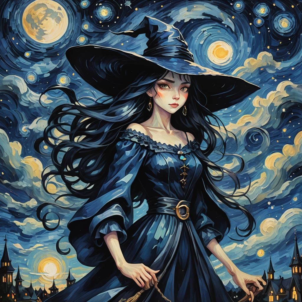Anime Witch Under Starry Night Sky as Impasto Painting