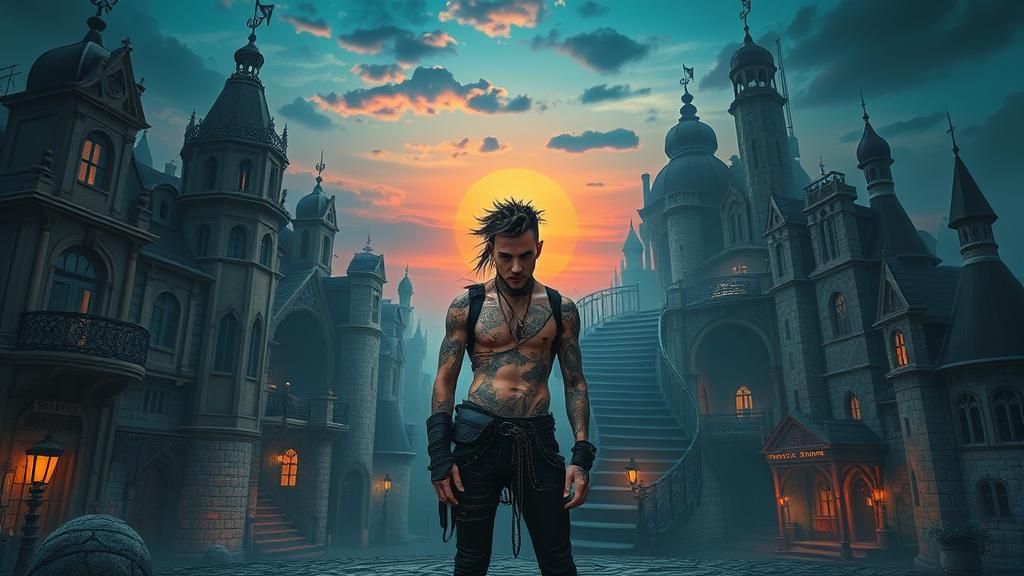 Tattooed Punk Rocker in Gothic Steampunk Cityscape
